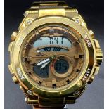An Oskar Emil Gold Plated Digital and Hand-Movement Gents Watch. Gold plated strap and case -