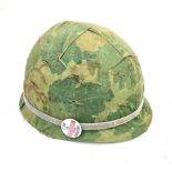 Vietnam War Era US M1 Helmet with Liner. Reversible Mitch pattern cover, cam band and anti-war pin.