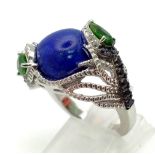 New Sterling Silver Lapis Lazuli Cabochon Multi Gemstone Set Ring Size O. Set with 14mm Round Cut