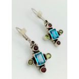 A Vintage Pair of Multi Semi Precious Stone Set Cross Sterling Silver Earrings. Central 7mm