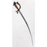 A 20 th Century Shamshir Sword with Curved Detailed Blade and Wood and Brass Handle. 80cm Length.