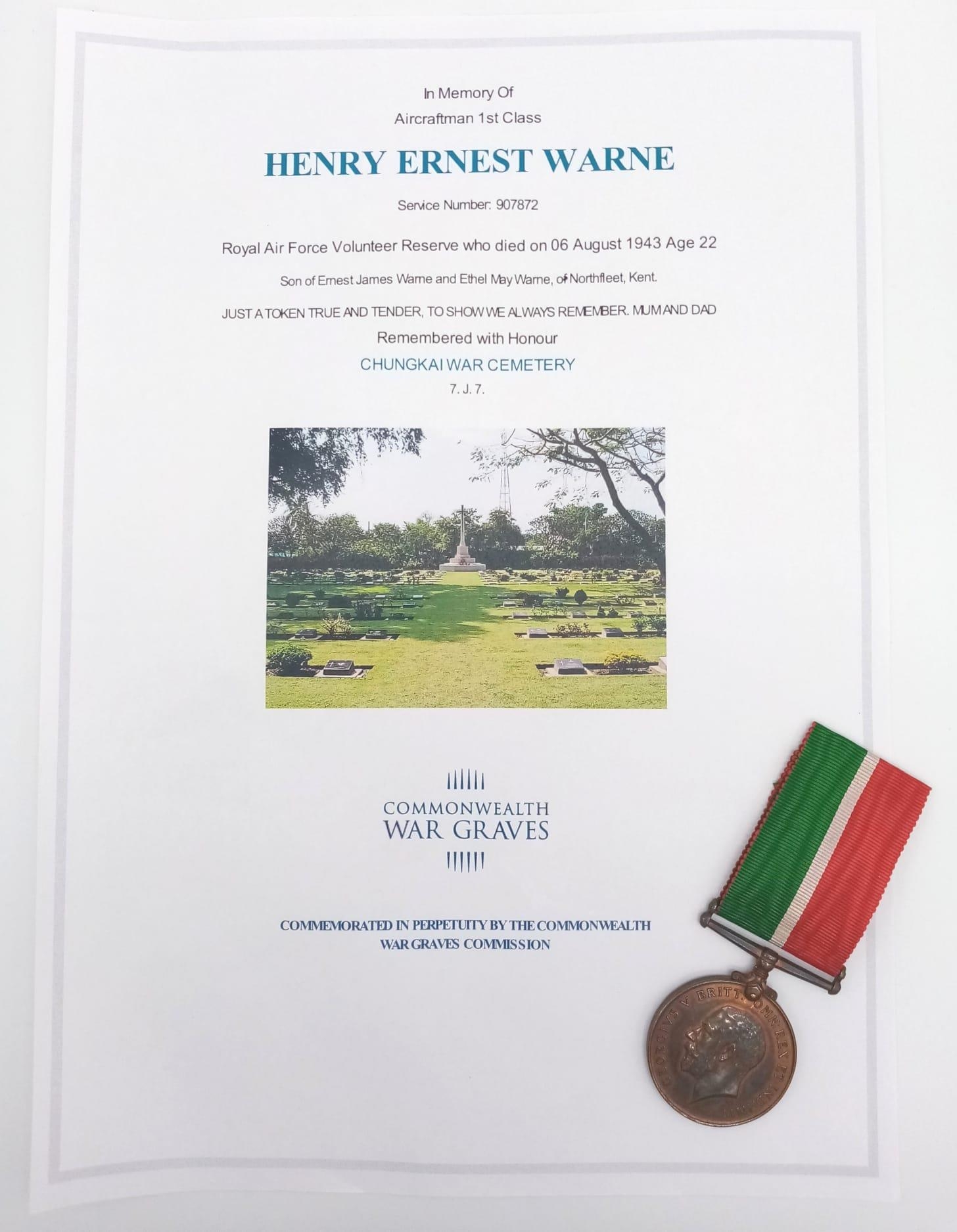 Mercantile Marine War Medal named to Ernest J Warne. Ernest James Warne was born in 1898 in