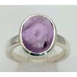 925 Silver Ring. Cabochon Amethyst. Size T. Amethyst - 7.55 Ct.