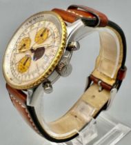 A Vintage Breitling Automatic Chronograph Navitimer Gents Watch. Brown leather strap. White dial