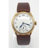 VINTAGE 9CT ROSE GOLD CASED MANUAL WIND WRISTWATCH ON BROWN LEATHER STRAP