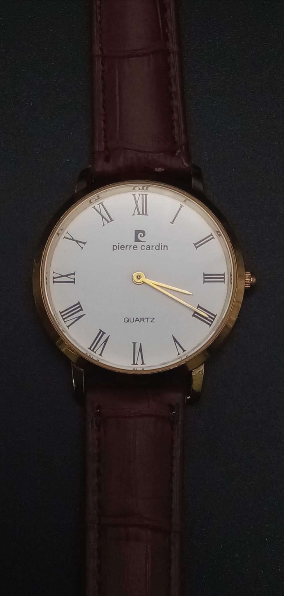 A Vintage Pierre Cardin Quartz Gents Watch. Brown leather strap. Two tone case - 35mm. In good - Image 4 of 7