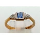 A vintage, 18 K yellow gold, diamond and sapphire, ring. Size: L1/2, weight: 2.8 g.