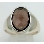 925 Silver Ring. Faceted Smoky Quartz. Size T. Smoky Quartz - 3.90 Ct.