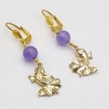 A Pair of 18K Gold Plated Lavender Jade and Leaping Fish Lever-Back Earrings.