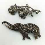 Two Vintage 925 Silver and Marcasite Brooches. Twin roses and an Elephant. 5 and 6cm.