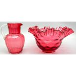 A Cranberry Glass Dish, 10cm tall and 19cm diameter And a Cranberry Glass Small Jug, 12cm in Height,