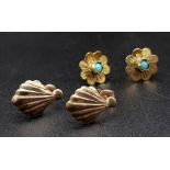 Two Pairs of 9K Gold Vintage Earrings - Shell and floral turquoise design. 1.63g total weight.