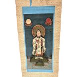 AN ANCIENT HAND PAINTED CHINESE BUDDHIST PAINTING ON A SCROLL, CIRCA 1600'S , 51 X 28cms