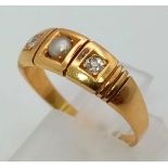 18K YELLOW GOLD DIAMOND & PEARL RING. TOTAL WEIGHT 3.9G SIZE P