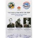 A Poster from Spitfire brewery event signed by 3 Battle of Britain pilots. 42cm x 20cm