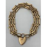 Vintage Hallmarked 9 carat GOLD GATE BRACELET.Heart padlock fastening. Gold Safety Chain. 19.80