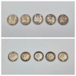 A set of Five Pre-1920 WW1 925 Silver British 3 Penny’s, consecutive dates from 1914-1918 inclusive.