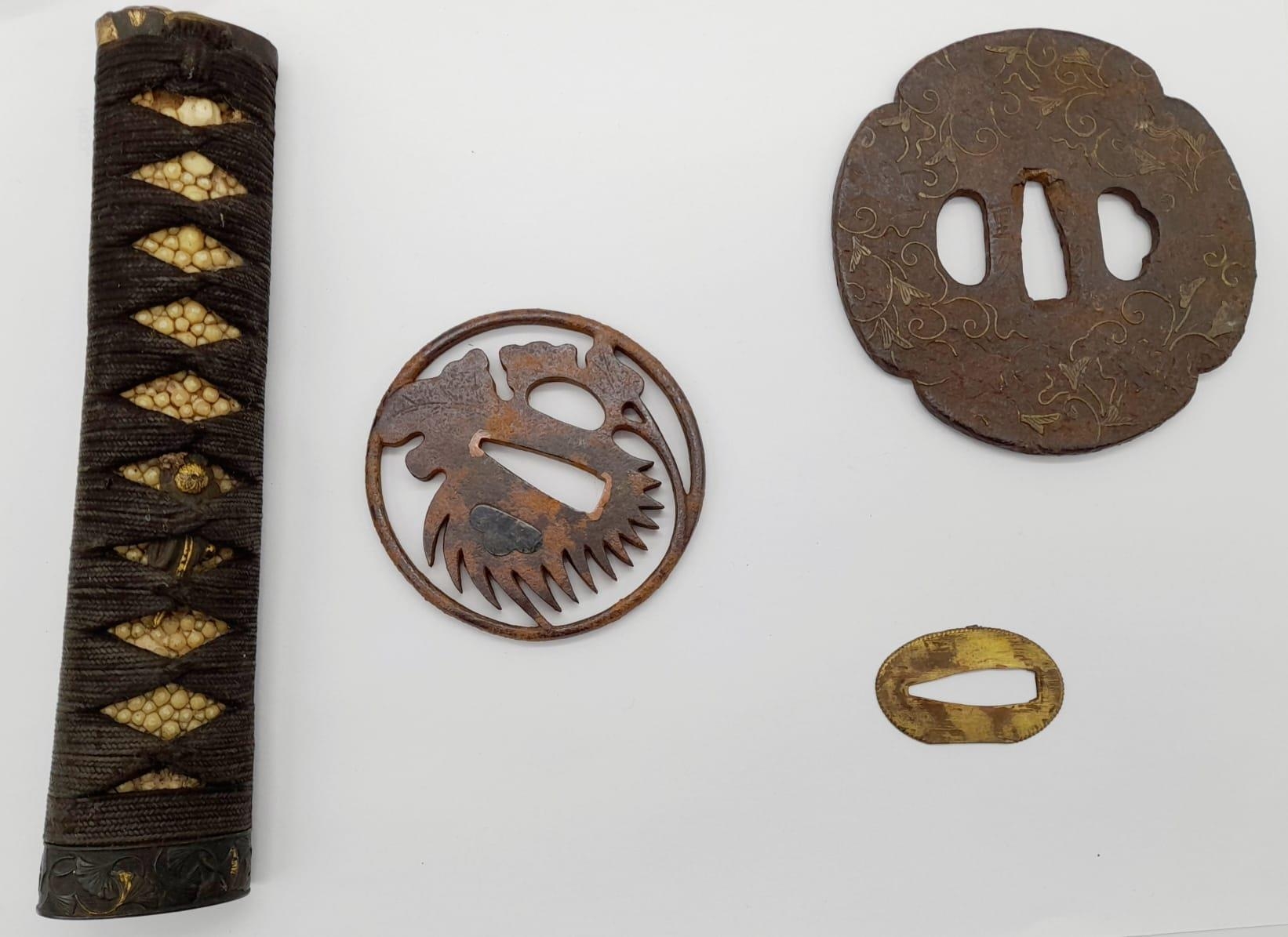 AN ANTIQUE SAMURAI LACQUERED SAYA , TSUKA , WITH ORNATE GILT SHAKUDO FUCHI MENUKI, TSUBA AND SEPPA