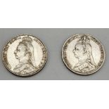 Two Victoria Veil Head Silver Shillings Dated 1890 & 1892 Fair to Fine