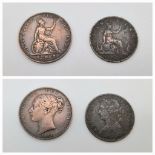 Two Victoria Farthing Coins. 1875 -VF Bun-head and 1847 -VF Young-head. S3958 and S3950.