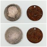 Two Coins: 1816 George III Silver Shilling plus a Turkish Token - Unknown date. Please see photos