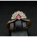 18K VINTAGE YELLOW GOLD & PLATINUM, DIAMOND & RUBY FAN RING. TOAL WEIGHT 2.9G SIZE P