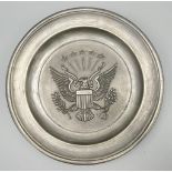 A 19/20th Century American Colonial Casting Eagle Seal Pewter Plate 18.6cm Diameter. Back stamped