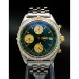 A Rare Green Dial with Diamond Bezel Breitling Chronograph Gents Watch. Stainless steel strap and