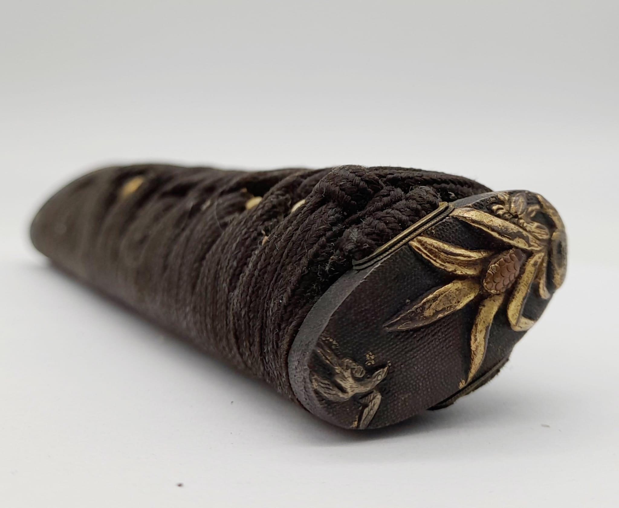 AN ANTIQUE SAMURAI LACQUERED SAYA , TSUKA , WITH ORNATE GILT SHAKUDO FUCHI MENUKI, TSUBA AND SEPPA - Image 3 of 7