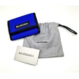 A Balenciaga Blue and Black Cloth Wallet with Dust Cover. 13 x 9cm. In good condition but please see