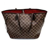 A Louis Vuitton Neverfull Tote Bag. LV checked and brown canvas with brown leather handles. Gilded