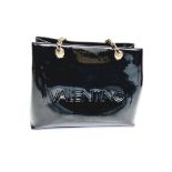 A Valentino Patent Black Tote Bag. Gilded hardware. Zipped inner compartment. Embossed logo. 36cm