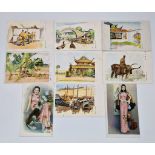 A SELECTION OF WWII JAPANESE POSTCARDS (9) OF TROOPS IN CHINA. FINE QUALITY SIGNED WATER COLOURS