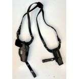 A C.I.A. STYLE BLACK LEATHER SHOULDER HOLSTER WITH MAGAZINE POUCH AND DETACHABLE BELT LOOP