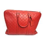 A Louis Vuitton Red Leather Document Bag. Monogram checked red leather. Silver-tone hardware with