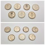 A Rare Full Set of 7 Fine Condition WW2 Silver Two Shilling Coins 1939- 1945 Inclusive (500 silver