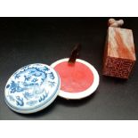 A wonderful Chinese seal set, with cinnabar ink in blue and white porcelain container and horn