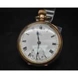 A yellow gold plated OMEGA pocket watch. 50 mm case, white dial with black roman numerals