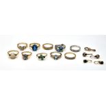 A nice lot comprising of: 9K gold six rings with stones, one pair of earrings and one pendant. 14