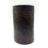 An Antique Chinese Wood (possibly bamboo) Brush Pot. Hand-carved village decoration with