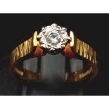 18k yellow gold diamond solitaire illusion set ring with patterned band 3.7g size L (dia:0.15ct)