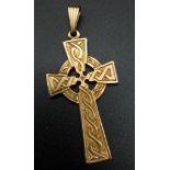 A Vintage 9K Yellow Gold Celtic Cross Pendant. 5.5cm. 7g