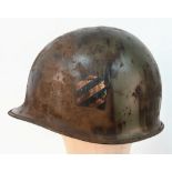 WW2 US Army 3 rd Infantry Division Helmet. A swivel bale example retaining a flash of the blue and