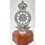 Early Pre-War Royal Auto Mobil Club Car Badge mounted on a teak plinth.