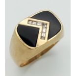 A Vintage 9K Yellow Gold, Onyx and Diamond Signet Ring. A diamond chevron on black onyx. Size U 1/2.