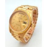 AN 18K GOLD ROLEX OYSTER PERPETUAL DAY-DATE WITH GOLDTONE FACE COMES WITH I.D.CERTIFICATE 34mm