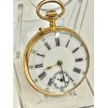 Antique 18ct gold pocket watch with glass display case . 41g ticking but sold as found