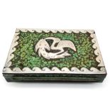 A Vintage South American White Metal Trinket Box. Bird of Prey and green speckled decoration. 15 x