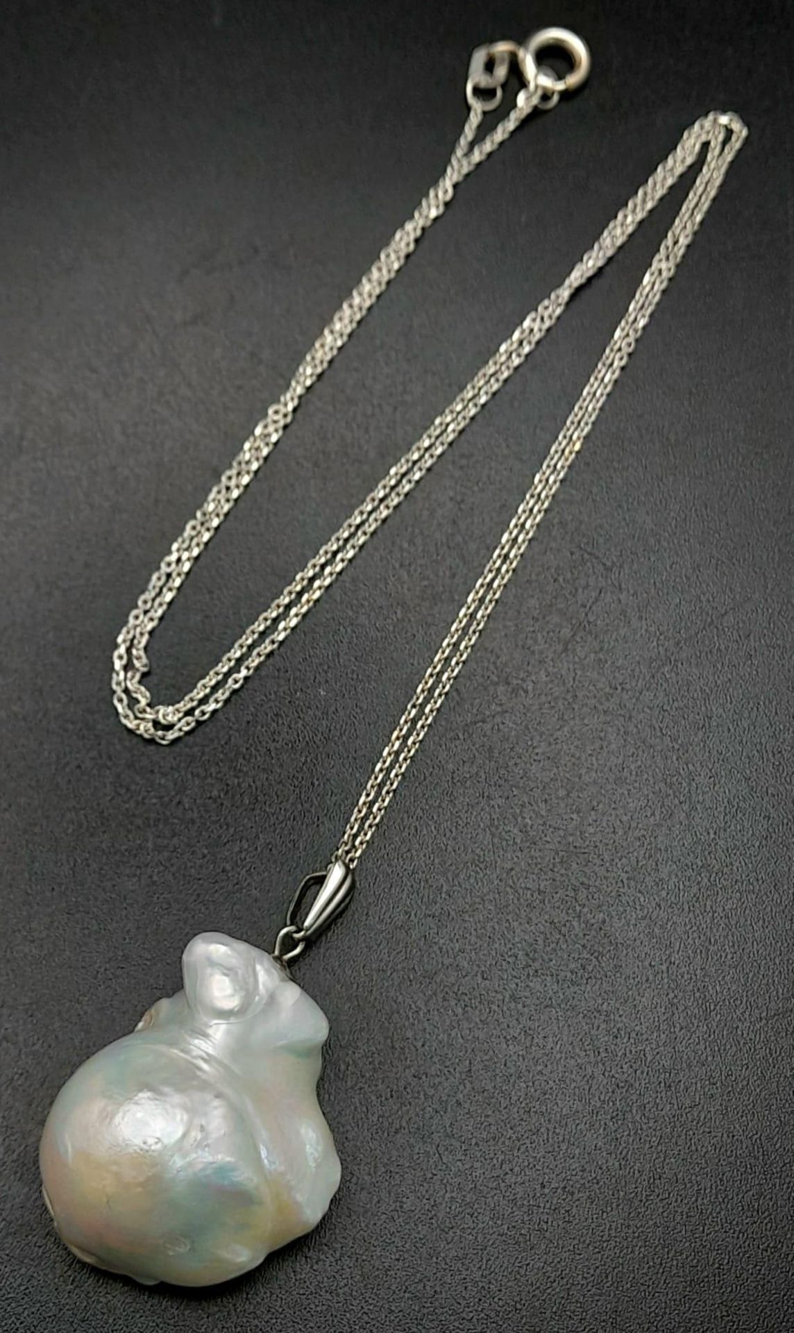 A Large South Sea Baroque Pearl Pendant on an 18K White Gold Necklace. 3cm and 42cm. 9.1g total