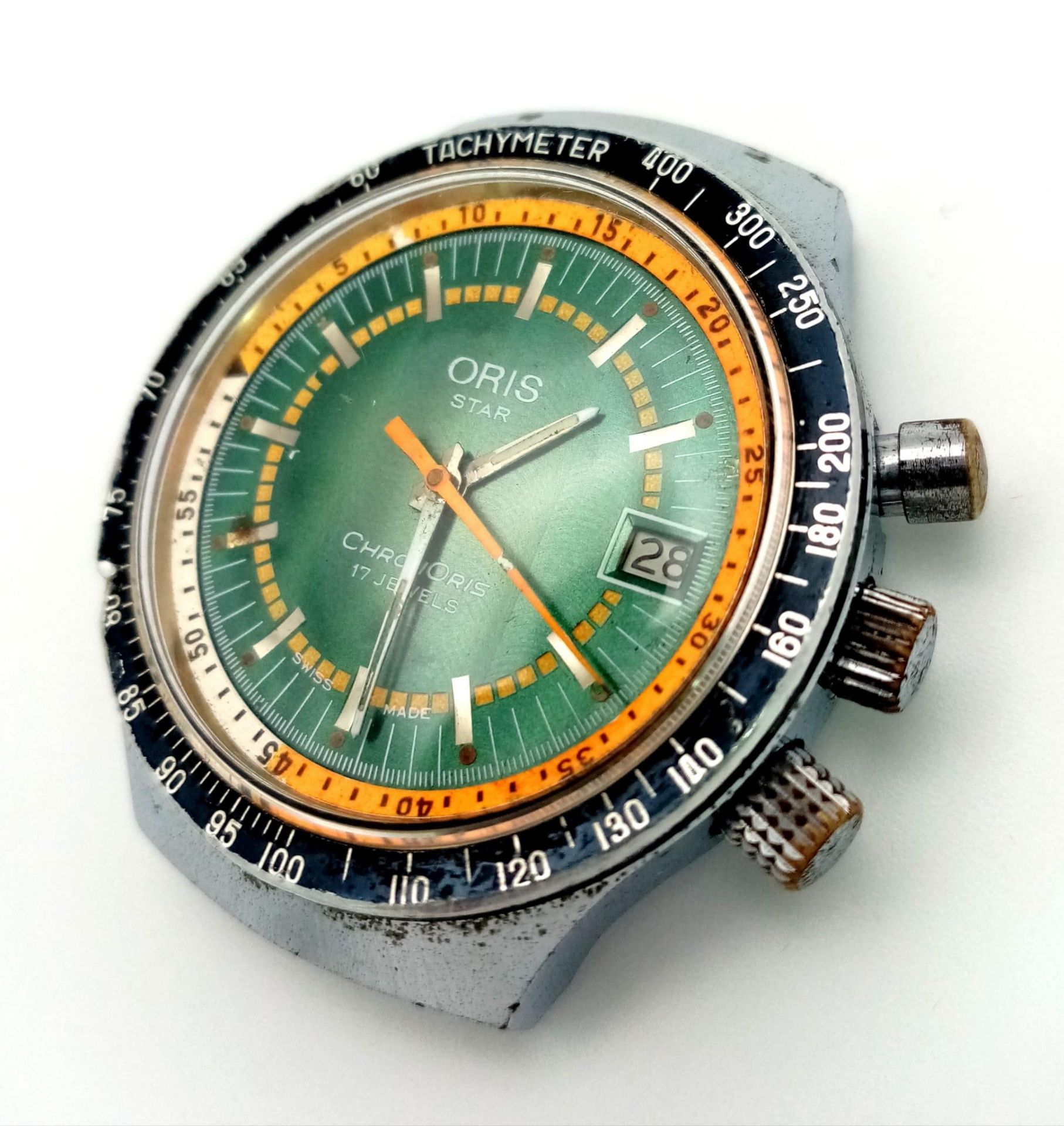 A Vintage Rare Green Dial Oris Star Watch. No strap. Case - 38mm. Chronometer. Green and orange dial